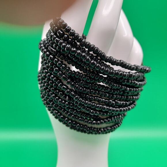 Black Beaded Wooden Clasp Bracelet, 7" by 2", 16 strands, Stretch Bracelet, - Picture 7 of 9